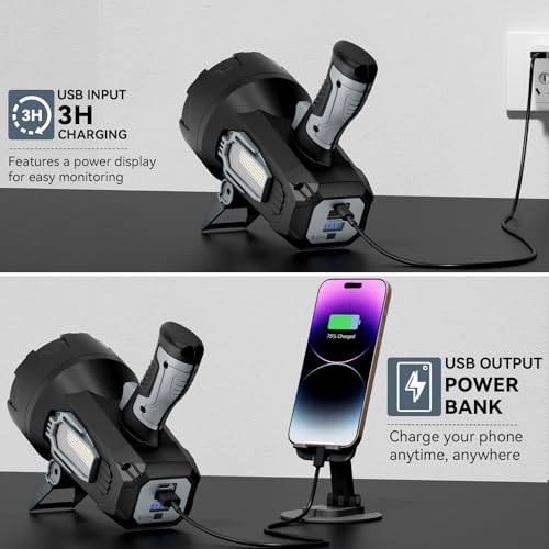 Rechargeable 200000 Lumens Waterproof LED Spotlight with 3 Lenses & Foldable Stand