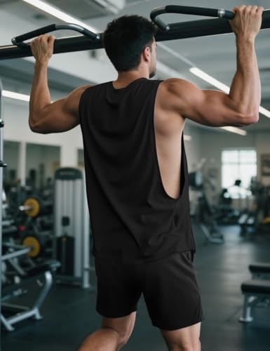 Men's Sleeveless Workout Tank Top - Muscle Fit, Quick Dry, Open Cut, Large Black