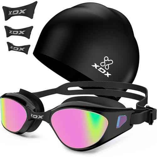 XDX Swim Goggles with Swim Cap Anti-Fog Pool Goggles with Detachable Lenses Swimming Goggles Cap Set for Youth Men Women