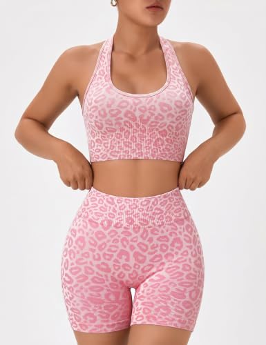 OLCHEE Womens Workout Sets 2 Piece Leopard Pink Halter Sports Bra Scrunch Butt Shorts - Medium