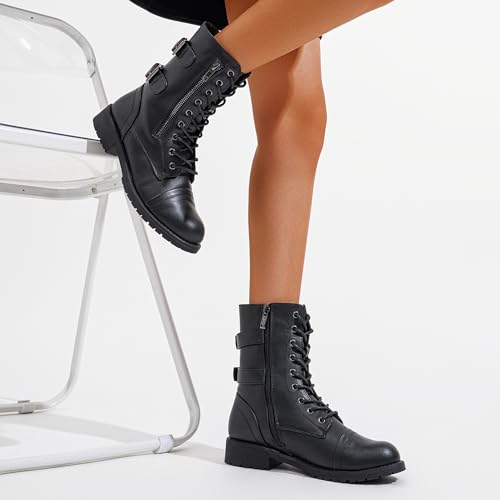 Women's Lace Up Mid Calf Combat Boots with Pocket - 8.5 / A-High Combat-Black