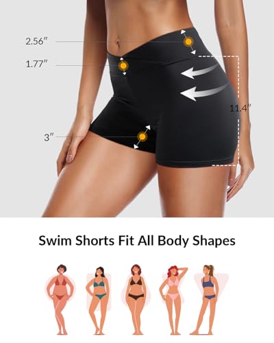 Women's V Cross Swim Shorts Tummy Control Bottoms Medium Black - Plus Size Available