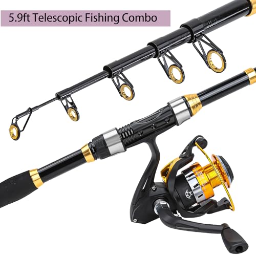 2 Pack Telescopic Fishing Rod and Reel Combo Set - 5.9ft Travel Starter Kit with Lures & Tackle Bag