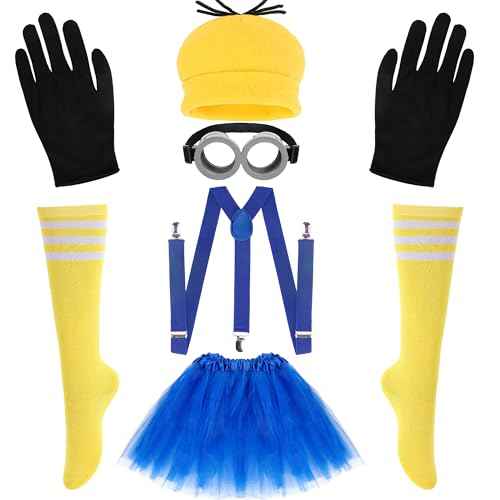 Halloween Costume Adult Accessories, 6 Pcs Yellow Beanie Hats with Gloves Steampunk Goggles Glasses Skirt Suspender Socks for Adults Halloween Dress up for Men Women Girls Boys Party Cosplay Set