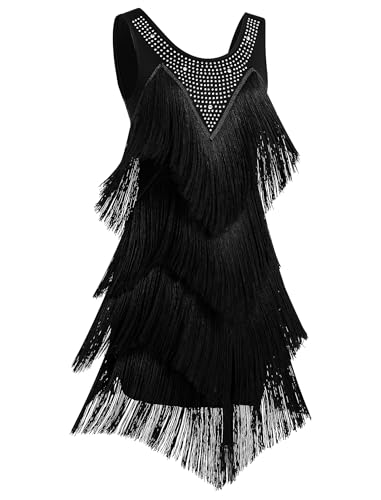 IWEMEK Black XX-Large Rhinestones Layered Fringe Dress for Women - BallGown Tassel Flapper Dance Costume