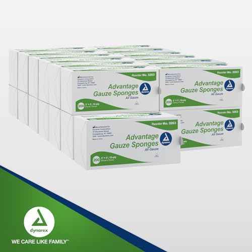 Dynarex Advantage Woven Gauze Sponges 3" x 3" - Non-Sterile 12-Ply Absorbent Cotton Gauze Pads for Wound Dressing - 200-Count Box, 20 Boxes per Bulk Case