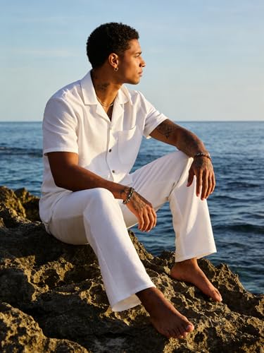 Men's 2-Piece Summer Beach Outfit - White XL Casual Linen Shirt & Pants Set