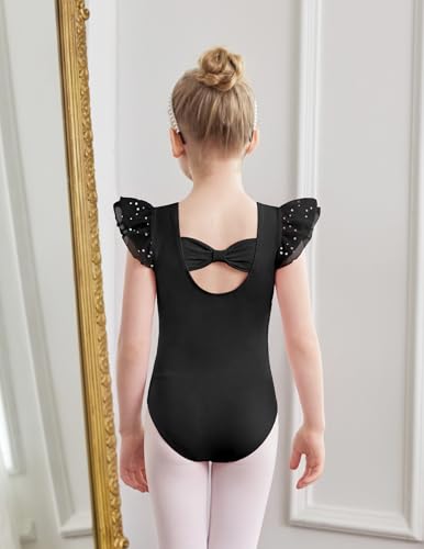 Girls Ballet Leotard with Bow Back and Chiffon Ruffle Sleeves - Black, 8-9 Years