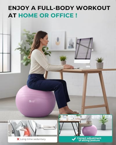 Gruper Yoga Ball Extra Thick Exercise Ball for Workout Pregnancy Stability Lavender 22in