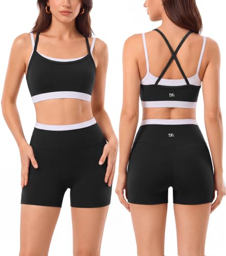 Medium Workout Sets for Women Pilates Outfits Gym Activewear - Black+Pink