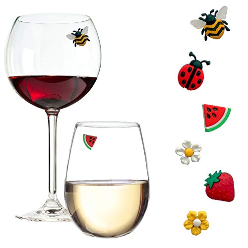 Magnetic Wine Glass Charms Set of 6 with Bee Strawberry Flowers - Reusable Drink Markers