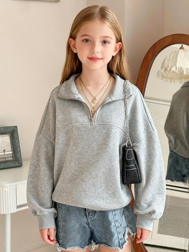 Girls 6-14Y Half Zip Sweatshirt Oversized Cotton Long Sleeve Top - Grey, Size 11-12Y