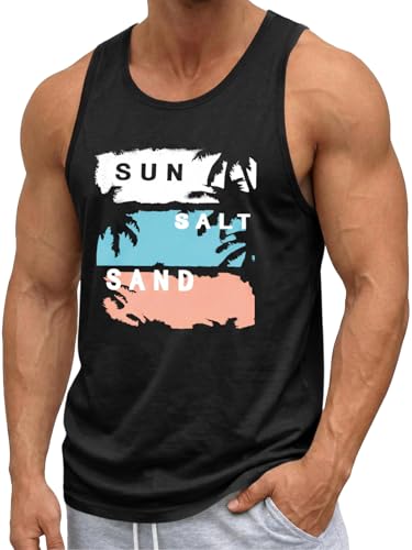 Mens Sleeveless Tank Top with Graphic Hawaiian Shirt Design - Summer Beachwear, Black, X-Large