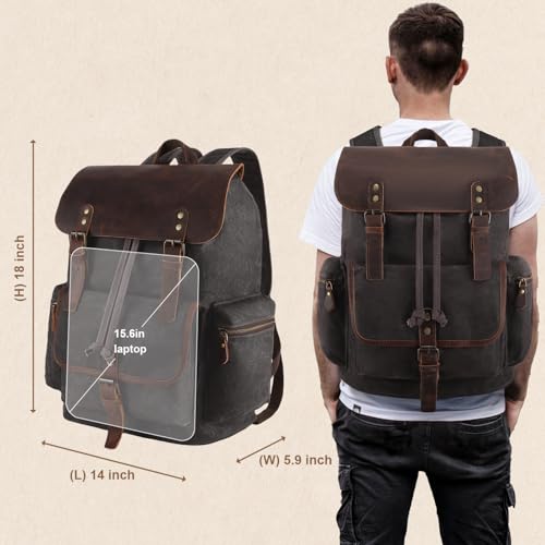 Dark Grey Vintage Waxed Canvas Backpack with Leather Accents