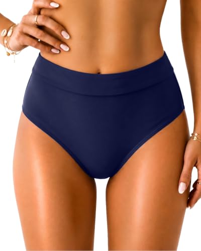 Women's High Waist Bikini Bottoms Full Coverage Tummy Control Navy Blue Medium