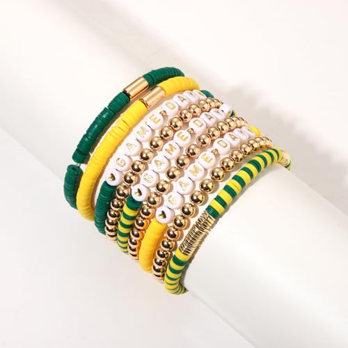 Game Day Bracelets Stackable Beaded Stretchy Jewelry - Yellow Green Set