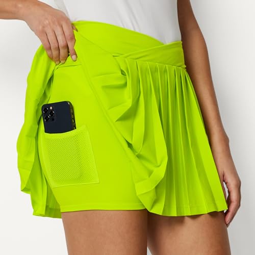 Women's Lime Green Performance Stretch Woven Tennis Skort with Pockets - Small