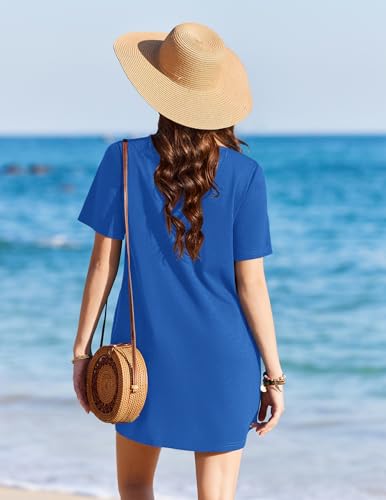 Ekouaer Women's Swimsuit Coverup T-Shirt Dress with Pockets - Blue, Large