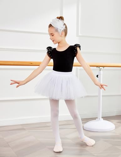 Girls Ballet Leotard with Bow Back and Chiffon Ruffle Sleeves - Black, 8-9 Years