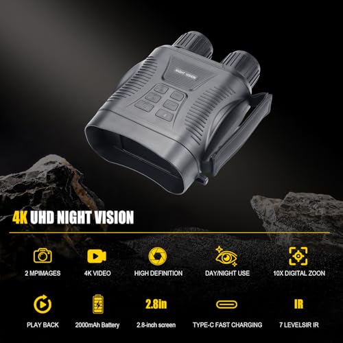 4K Night Vision Binoculars with 2.8" HD Screen, 2000m Range, Rechargeable Battery