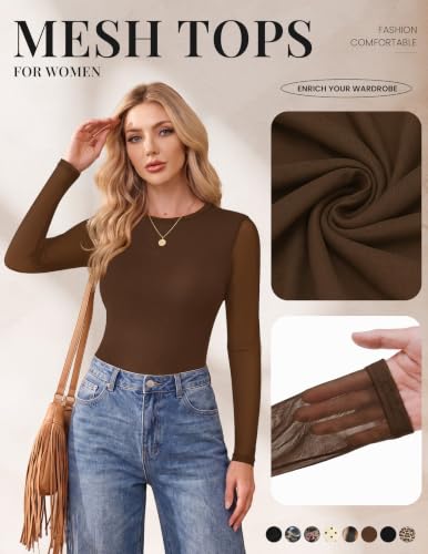Ekouaer Women's Mesh Long Sleeve Top Fall Fashion Crew Neck Slim Fit Shirt - Small, Brown