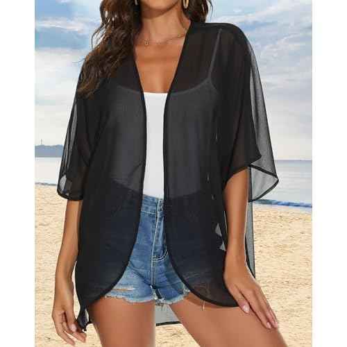 Womens Kimono Cardigans Beach Cover ups Swimwear Puff Sleeve Loose Casual Summer Tops