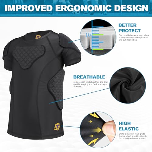 Youth Boys Football Padded Shirt Rib Chest Protector 6-Pads - Black, Large
