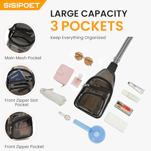 Sisipoet Clear Stadium Bag for Events, Crossbody Fanny Pack - Semi Black