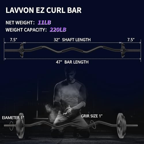 47-Inch EZ Curl Bar Weight Lifting Bar with Black Finish, 1-Inch Diameter, Heavy Duty Steel