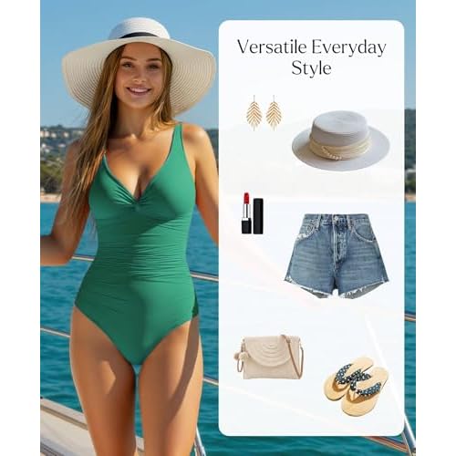 Popilush Tummy Control Swimsuits for Women - Ruched One Piece Shapewear Bathing Suit Twist Front Swimwear