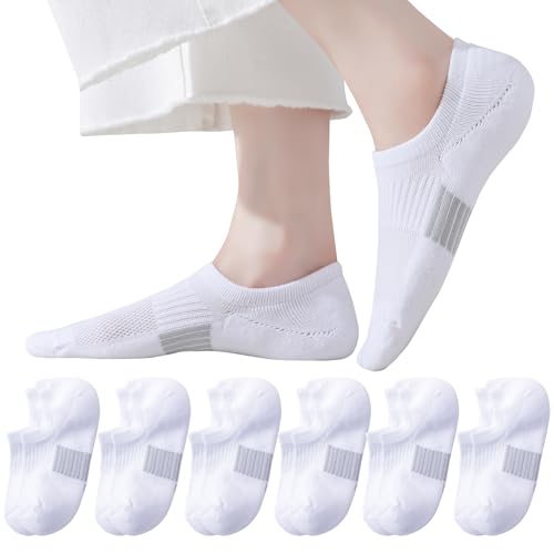 Women's No Show Socks Low Cut Ankle Athletic Invisible Running Socks - 6 Pairs, White
