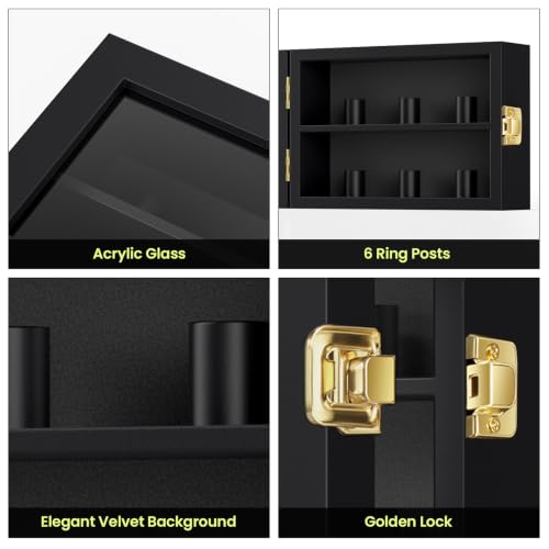 Wall Mount Championship Ring Display Case - 6 Rings Black Wood Glass Cover - Variation of THIS listing: 6 Posts-Black-Rectangle