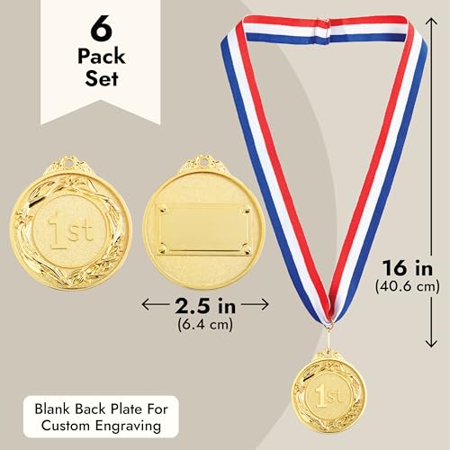 Gold 1st Place Medals Set - 2.5 Inch with Red, White & Blue Ribbon for Sports & Awards