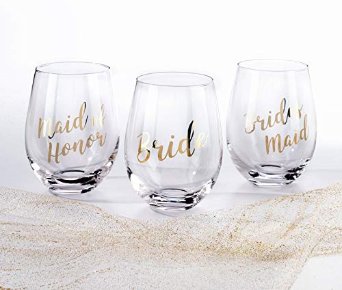 Bride Stemless Wine Glass - Gold Lettering, 4.75 Inch Wedding Gift
