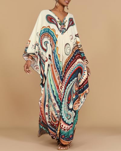 Bsubseach Moo Moos for Women Batwing Sleeve Kaftan Dress with Pockets - Beige