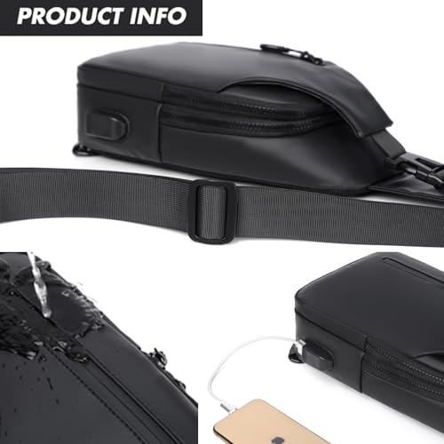 Men Crossbody Bag Waterproof Sling with USB Charging Port - Black