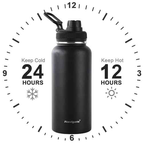 Navigate 32 oz Insulated Stainless Steel Sports Water Bottle with Spout & Handle Lids,Wide Mouth Water Jug with Double Walled Leak Proof Keep Cold for 24 Hrs Hot for 12 Hrs,Black