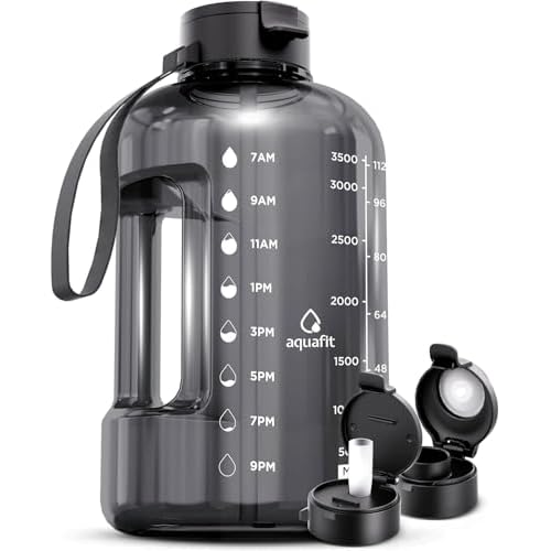 AQUAFIT 1 Gallon Water Bottle with Time Marker - Straw & Chug Lid - BPA Free Gym Water Bottle with Straw - Big Gallon Jug (Gray, 128 oz - 2 Lids)