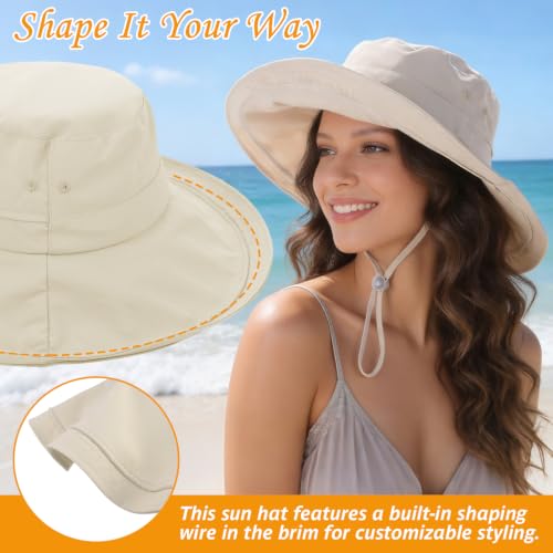 Women's UPF 50+ Waterproof Wide Brim Sun Bucket Hat with Ponytail Hole - Beige