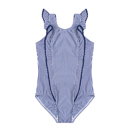 Girls Swimsuit Kids One-Piece Ruffle Scalloped Print - Blue 7-8 Years