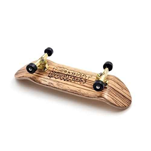 SPITBOARDS¢ç 32 mm Fingerboard Complete Real Wood Set-Up (Pre-Assembled, 5-Layers), Trucks with Lock Nuts, Bearing Wheels, Foam Grip Tape, (Deck: Zebra Wood, Trucks: Gold, Wheels: Black)