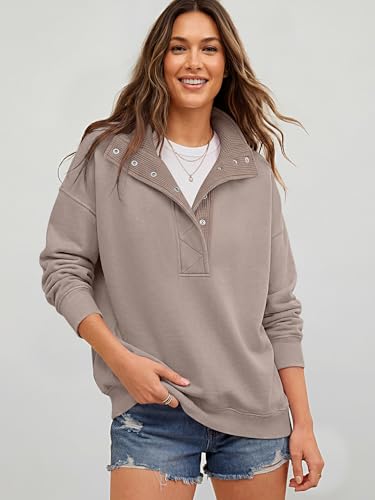 Women's Oversized Sweatshirt Mock Neck Henley - Mocha, Small - Fall Outfits