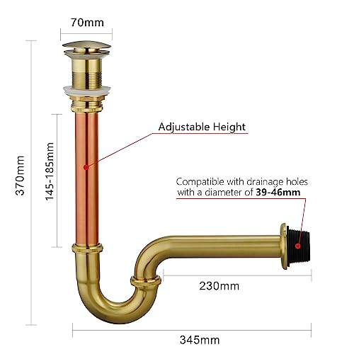 Brushed Gold 1-1/4 Thickened Brass P Trap Set No Overflow - Bathroom Sink Plumbing