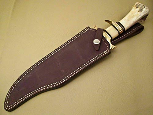 Kidsnado Damascus Steel Hunting Knife 15 Inch Fixed Blade with Camel Bone Handle White