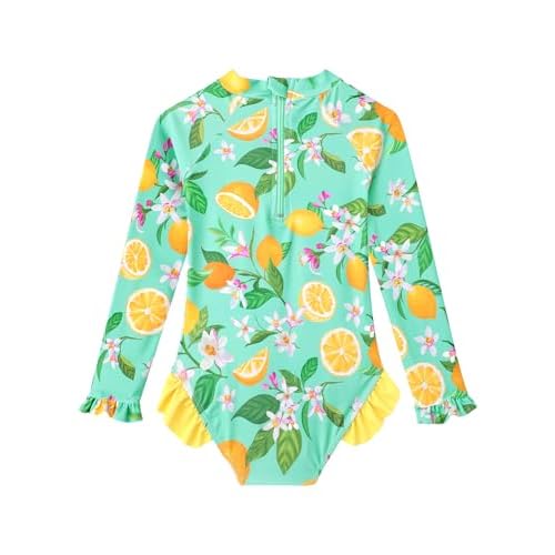 Baby Toddler Girl Long Sleeve Ruffle Swimsuit One Piece Zipper Rash Guard Bathing Suit with UPF 50+ Sun Protection
