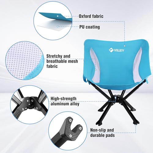 VILLEY Portable Folding Chair Lightweight Camping Chair No Assembly Needed, Quick Setup for Beach, Hiking, Supports 330 LBS, Blue, 2-Pack