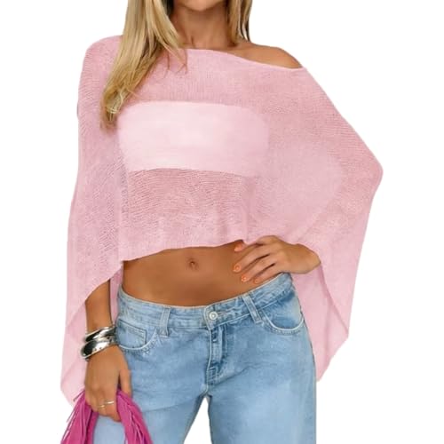 Pink Women's Sheer Knit Poncho Top Lightweight Crochet Beach Cover Up - One Size