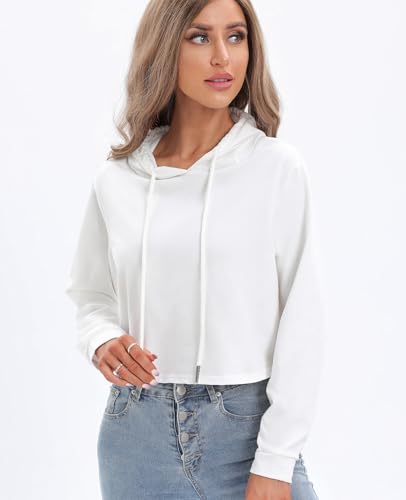 Women's Drawstring Cropped Hoodies for Women Workout Tops Sweatshirt - Large White