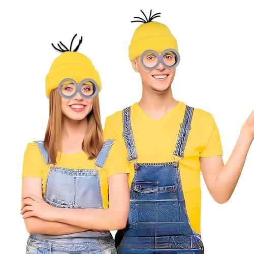 umbresen 3Pcs Halloween Yellow Costume Accessories, Goggles Glasses/Yellow Beanie/Gloves for Children Adults Men Women Cosplay Christmas Birthday Party School Show Set