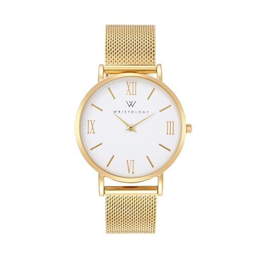 Large Face Roman Numerals Women's Watch with Gold Mesh Band - Easy Read Analog